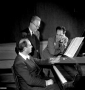 FRANCE - 1954:  Pierre Boulez, Michel Fano and Olivier Messiaen, French composers (from left to right). March, 1954. LIP-2049-012.  (Photo by Roger Viollet via Getty Images/Roger Viollet via Getty Images)