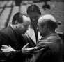 Soviet violinist David Oistrakh (1908 - 1974, left) with Hungarian-born conductor and violinist Eugene Ormandy (right) during a rehearsal with the Philadelphia Orchestra at the Royal Festival Hall, London, 12th April 1958. (Photo by Erich Auerbach/Getty Images)