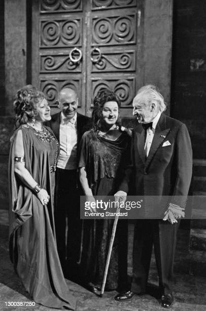 From left to right, American opera singer Regina Resnik (1922 - 2013), conductor Sir Georg Solti (1912 - 1997), Swedish soprano Birgit Nilsson (1918 - 2005) and conductor Leopold Stokowski (1882 - 1977), UK, 20th June 1972. Resnik is playing Klytaemnestra and Nilsson takes the title role in the Richard Strauss opera 'Elektra', with Solti conducting, at the Royal Opera House in Covent Garden, London.  (Photo by Evening Standard/Hulton Archive/Getty Images)