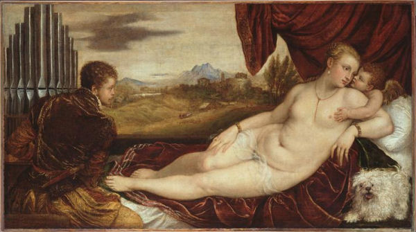 504Titien (vers 1488-1576)  Vénus au joueur d’orgue  (v. 1550-1552) Huile sur toile H. : 115 cm ; L. : 210 cm Berlin, Gemäldegalerie