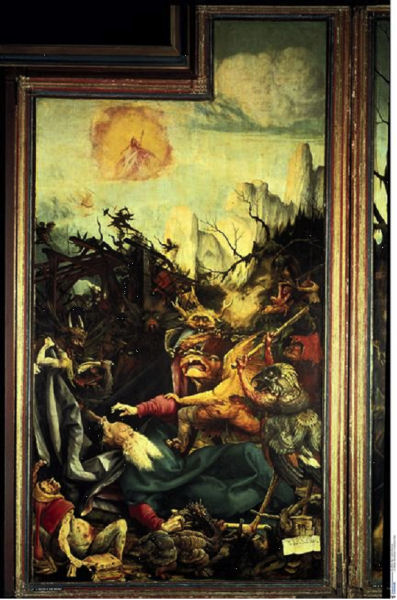 601Matthias Grunewald (vers 1475-1528), retable d'Issenheim (deuxième ouverture), La tentation de saint Antoine, entre 1512 et 1516. Technique mixte (tempera et huile) sur panneaux de tilleul. Colmar, musée d'Unterlinden.