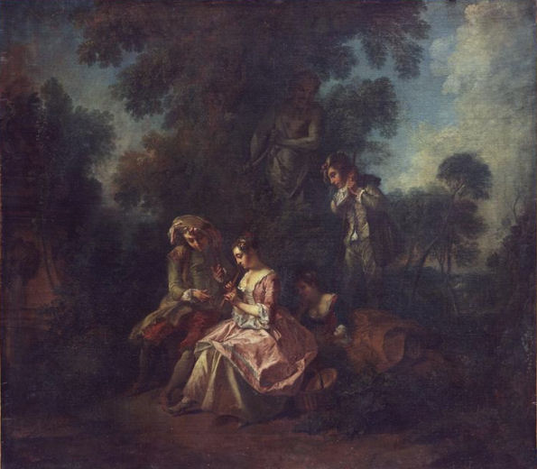 702Nicolas Lancret (1690-1743), La leçon de flûte, deuxième quart du XVIIIe siècle. Tableau, élément d’ensemble. Paris, musée du Louvre.