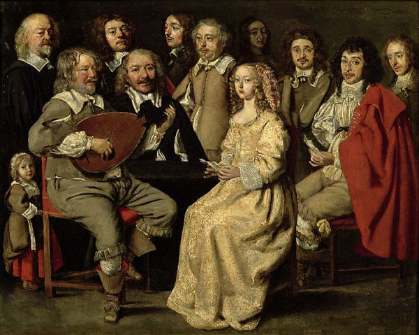 710Antoine Le Nain : La réunion musicale, dit aussi Réunion de famille ou Portraits dans un intérieur, signé Le Nain. fecit 1642 ( ?). Huile sur cuivre, 32 x 40 cm. Paris, musée du Louvre.