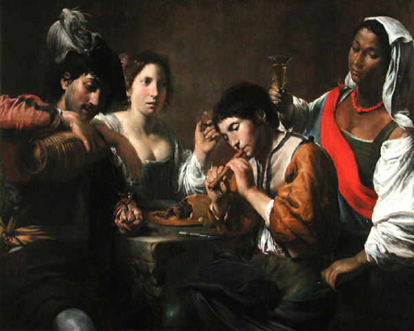 724	Valentin de Boulogne (1594-1632), Réunion dans un cabaret, vers 1625. Huile sur toile, 96 x 133 cm. Paris, musée du Louvre.