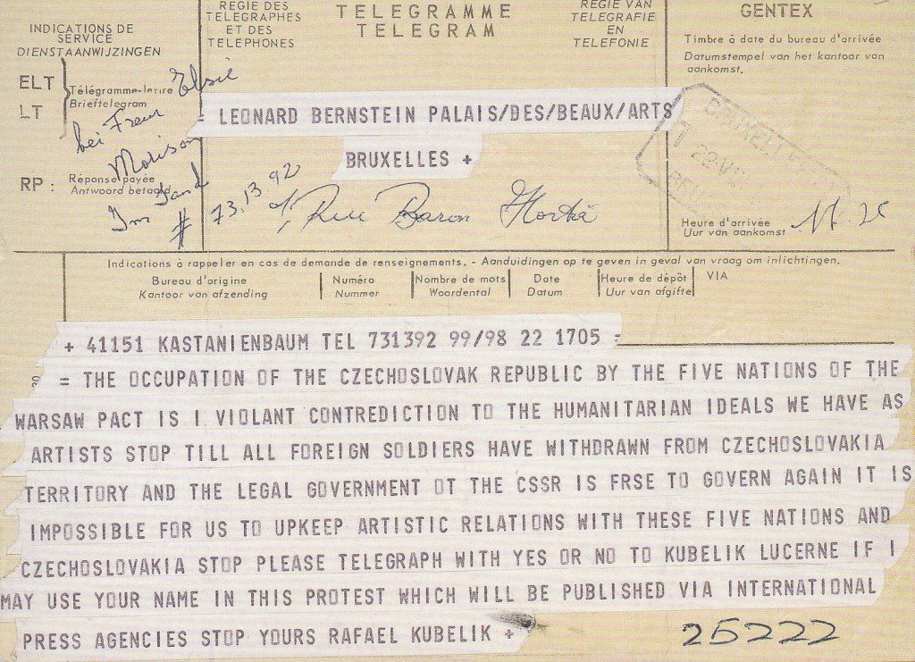 Communist country boycott call telegram from Kubelik to Bernstein